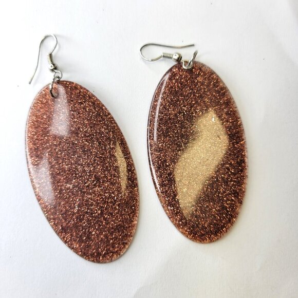 Black Glitter Earrings Oval Dangle Sparkly Earrings Light Black Earrings - Picture 6 of 7